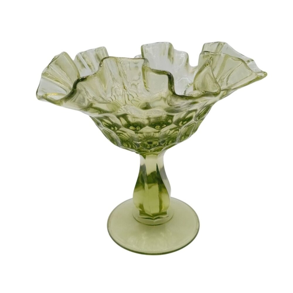 Vintage Fenton Glass Candy Dish Pedestal Green Thumbprint Ruffle Rim Compote 6"